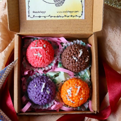 Soul Shoppr Laddoo Candles Gift Box, Set of 4, Assorted Colours | Scented Motichoor Laddu Candle, Premium Soy Wax Diwali Decor