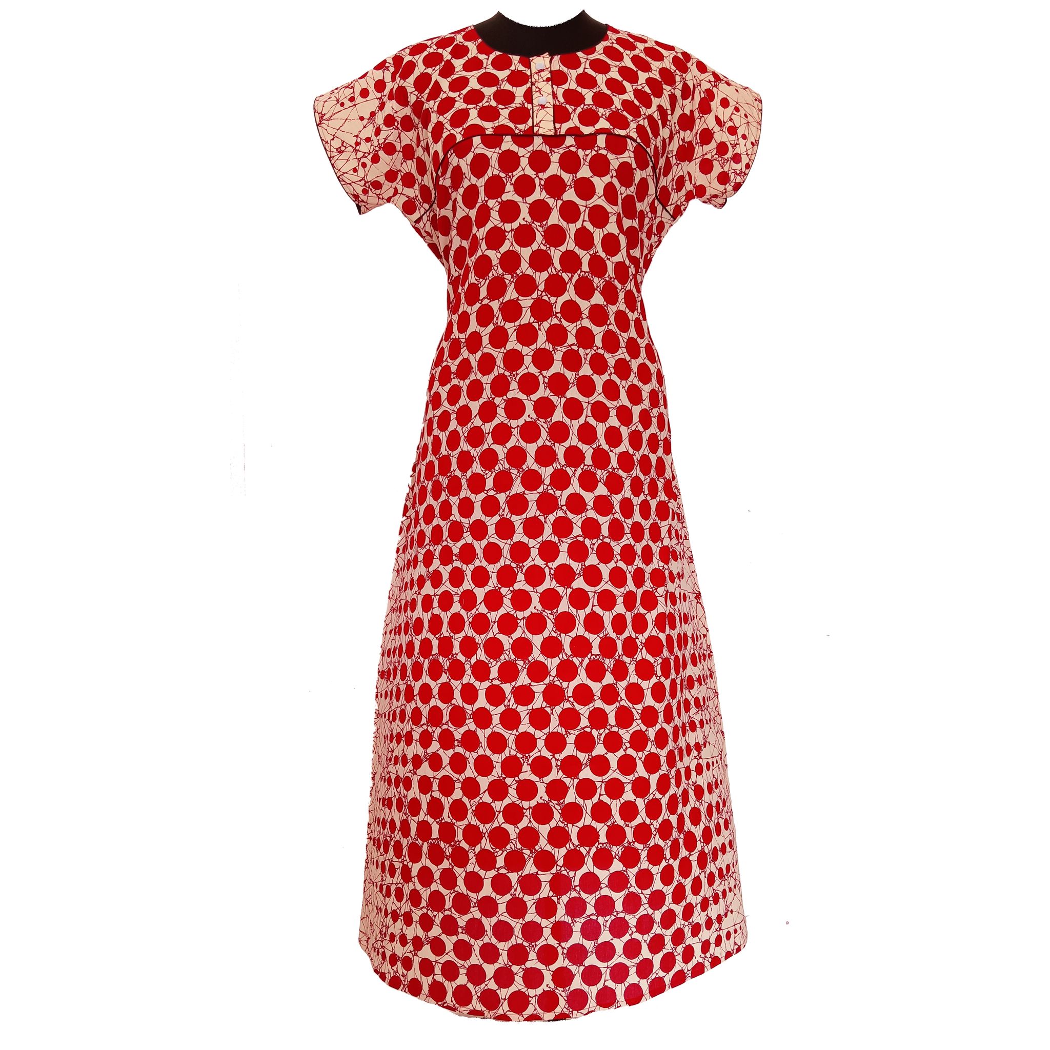 Women's Red and White Polka Dot Cotton Nighty