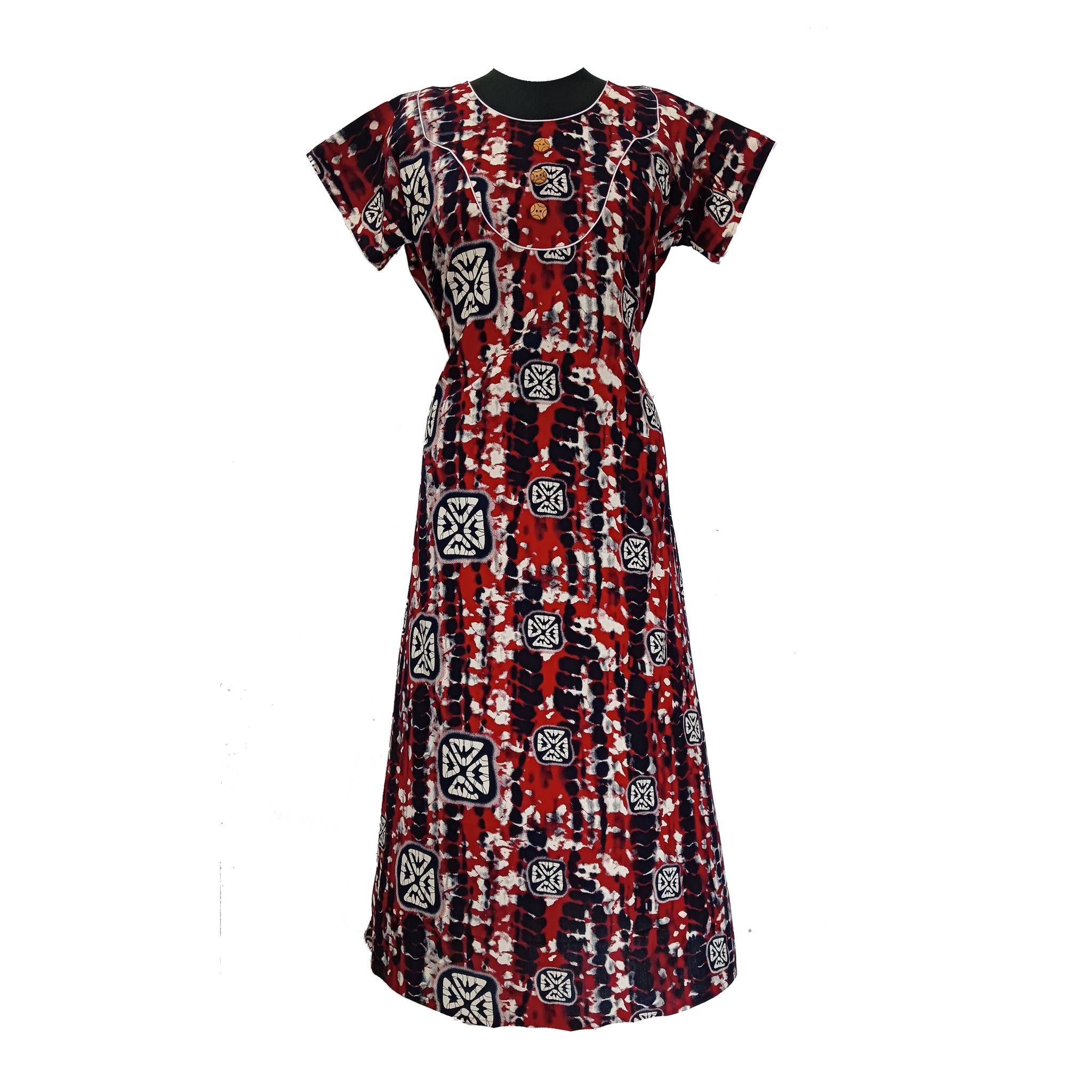 Women's Cotton Printed Red & Black Long Maxi Nightgown