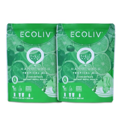 Ecoliv Tropical Mix Liquid Handwash Refill Pouch 1 Litre|Pack of 2 x 170ml Concentrate Refill |pH 5.5|Gentle on Hands| Add 330 ml Water Make 500 ml hand wash liquid in 15 seconds