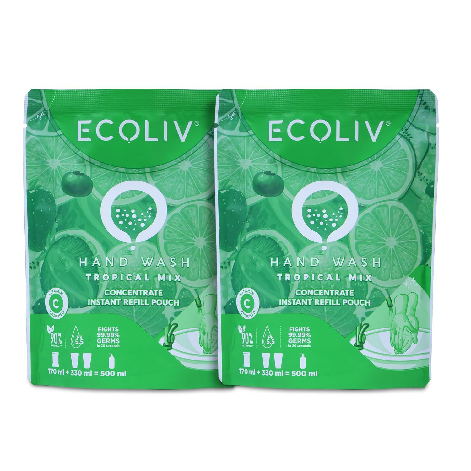 Ecoliv Tropical Mix Liquid Handwash Refill Pouch 1 Litre|Pack of 2 x 170ml Concentrate Refill |pH 5.5|Gentle on Hands| Add 330 ml Water Make 500 ml hand wash liquid in 15 seconds