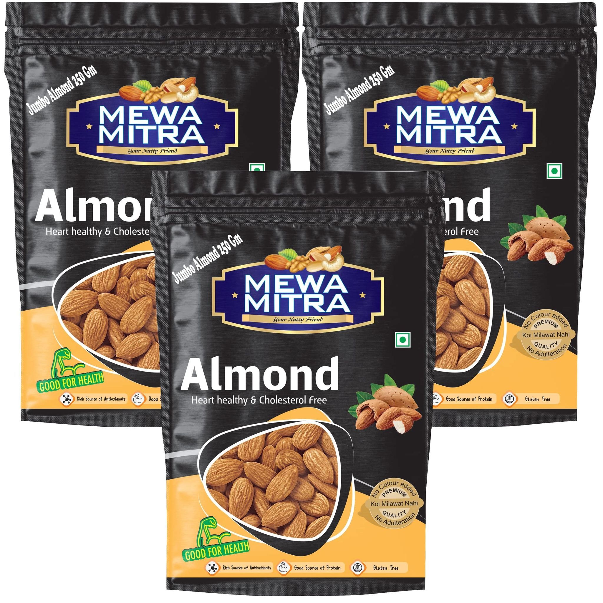 Jumbo Almonds by Mewa Mitra Natural Raw Badam Rich in Fiber and Protein Nutritious and Delicious Crunchy Badam Giri - (250 Gram Pack of 3)