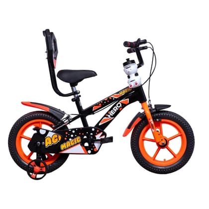 Hero Magic 14T Bicycle for Kids with Bottle & Training Wheels | Caliper Brake | Rigid Suspension | Ideal for Boys & Girls | Black-Orange | 95% Assembled Cycle(Ready to Ride in 5 Mins)