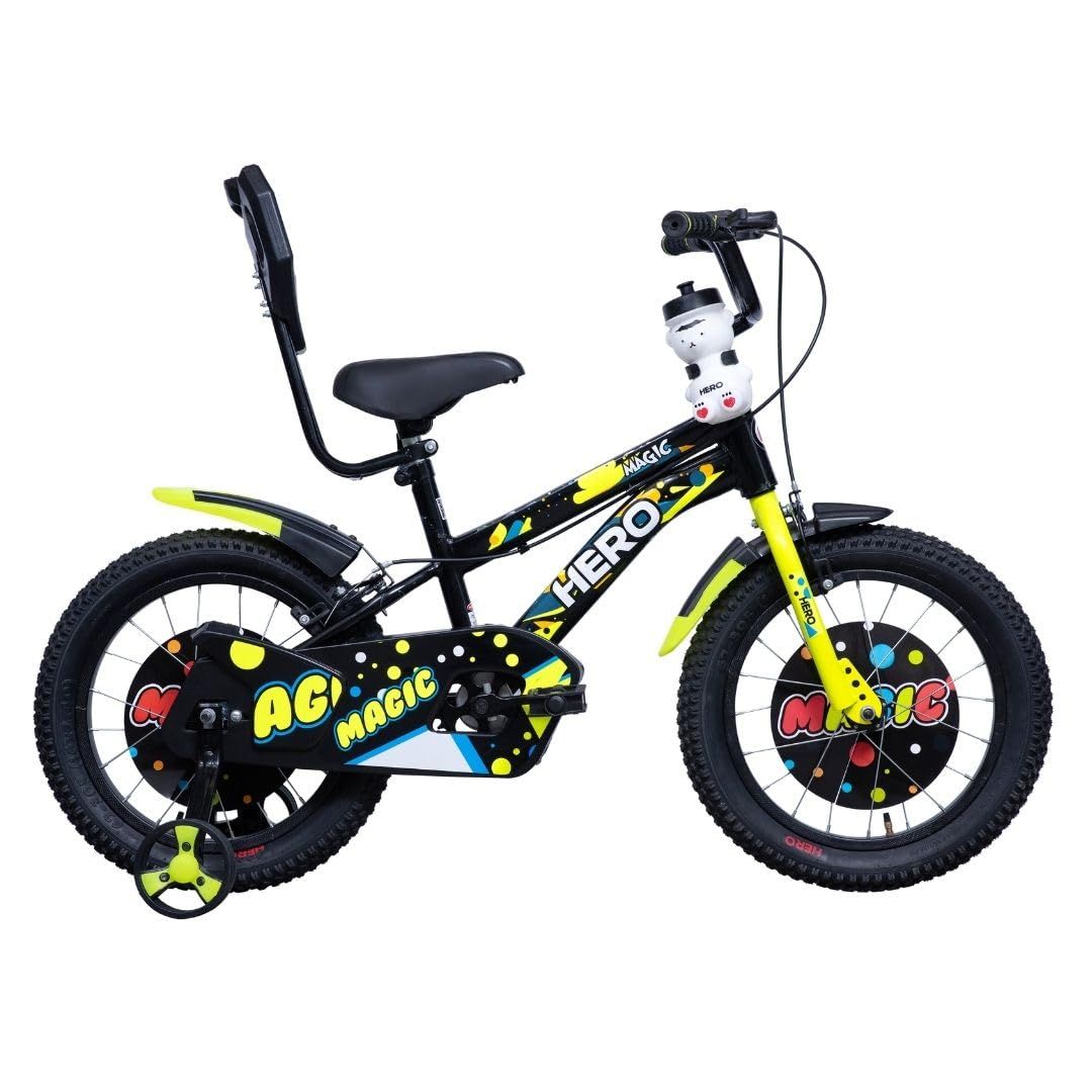 Hero Magic 16T Bicycle for Kids with Bottle & Cage | Caliper Brake | Rigid Suspension | Ideal for Kids | Black-Green | 95% Assembled Cycle(Ready to Ride in 5 Mins)