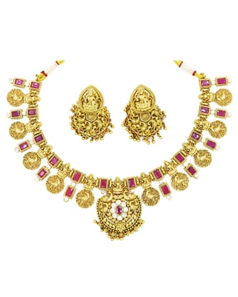  "Exquisite Antique Gold Necklace Set with Ruby Stones and Intricate Goddess Lakshmi Detailing"