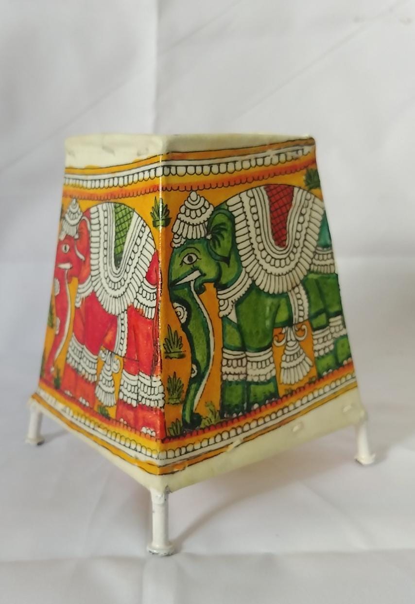 "Hand painted Leather lamp with intricate elephant design"