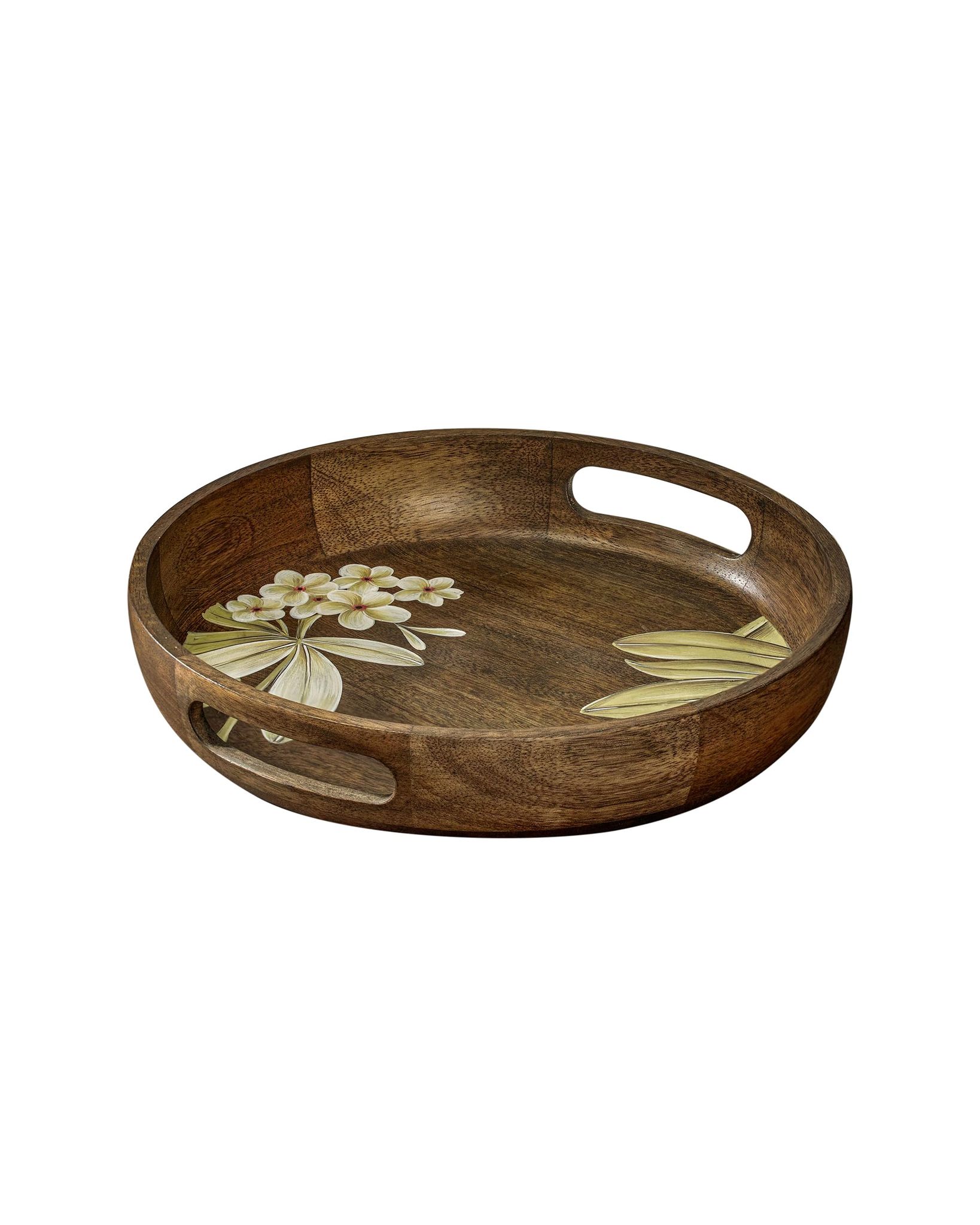 Ellementry Frangipani Circular Wooden Tray,11'' x 11'' x 2'' Round Decorative Serving Tray for Home, Rustic Wood Coffee Table Tray, Handcrafted for Food, Breakfast, and Centerpieces