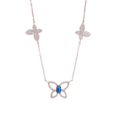  925 Sterling Silver Blue Butterfly Pendant Necklace with Cubic Zirconia Stones