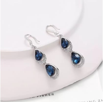  925 Sterling Silver Double Teardrop Earrings with Blue Cubic Zirconia