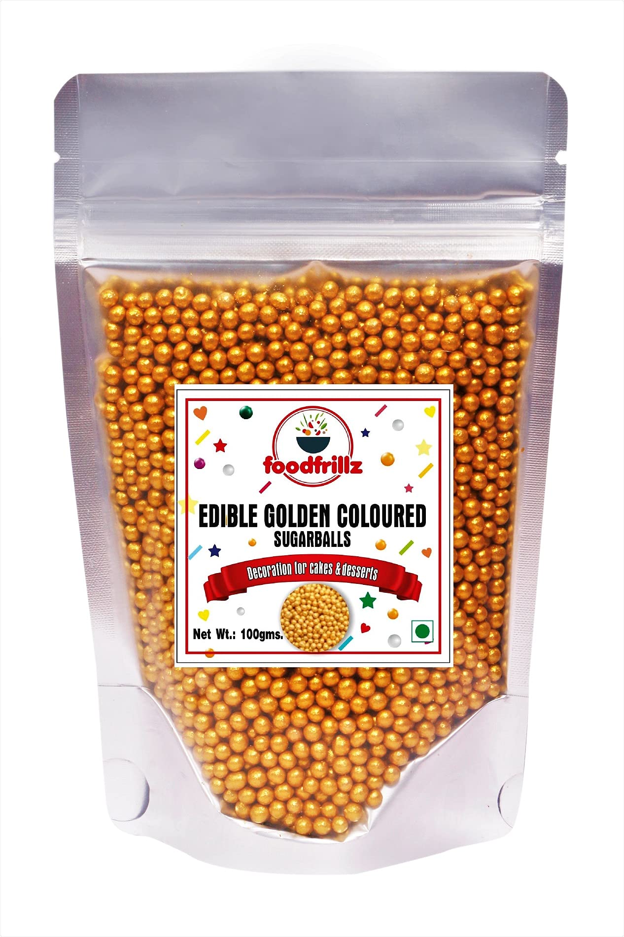 foodfrillz Golden Balls Sugar Sprinkles for Cake Decoration, Single Pack of 100 g.