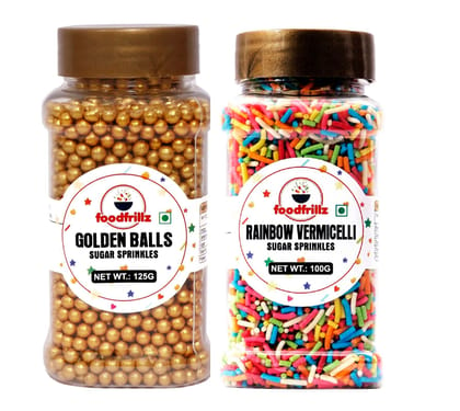 foodfrillz Golden Balls Sprinkles (125 g) & Rainbow Vermicelli Sprinkles (100 g) for Cake Decoration, Pack of 2