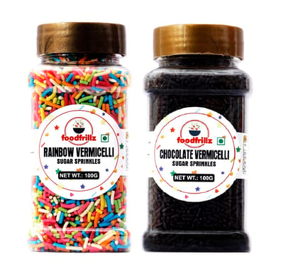 foodfrillz Muticoloured Rainbow Vermicelli Sugar Sprinkles and Chocolate Strands Coloring Cake, Fancy Strands,| Choco Sprinkles | Strands for Cakes Decoration and Ice Creams - 200g