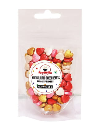 foodfrillz Sweet Heart Sprinkles for cake decoration, White,Red,Pink and Golden Metalic Pearl finish heart shapes 50 g