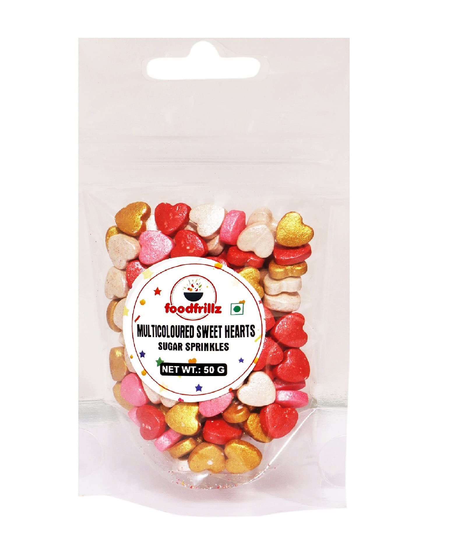 foodfrillz Sweet Heart Sprinkles for cake decoration, White,Red,Pink and Golden Metalic Pearl finish heart shapes 50 g