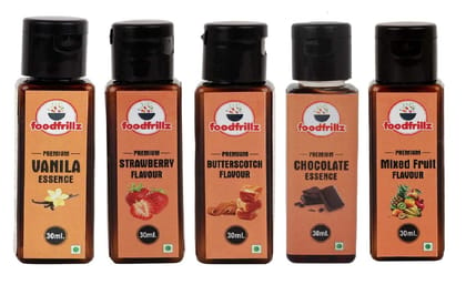 foodfrillz Vanilla, Butterscotch, Chocolate, Mix Fruit & Strawberry Food Essence for cake,Cookies,Ice Creams,Sweets, Pack of 5