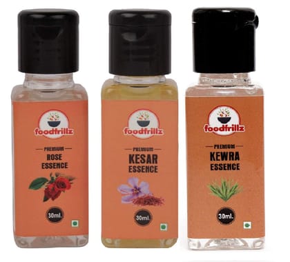 foodfrillz Rose, Kewra & Kesar Food Essence Flavor for Cakes, Jams, Cookies, Ice Creams, sweets - (Pack of 3, 30 ml each)