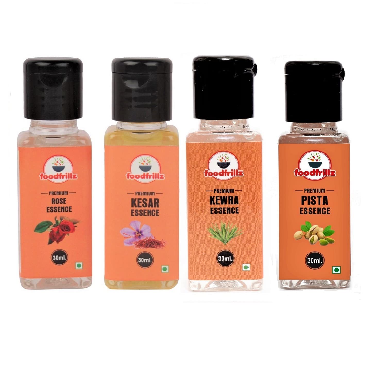 foodfrillz Pista, Rose, Kewra & Kesar Pack of 4 Food Flavour Essence, 30 ml x 4