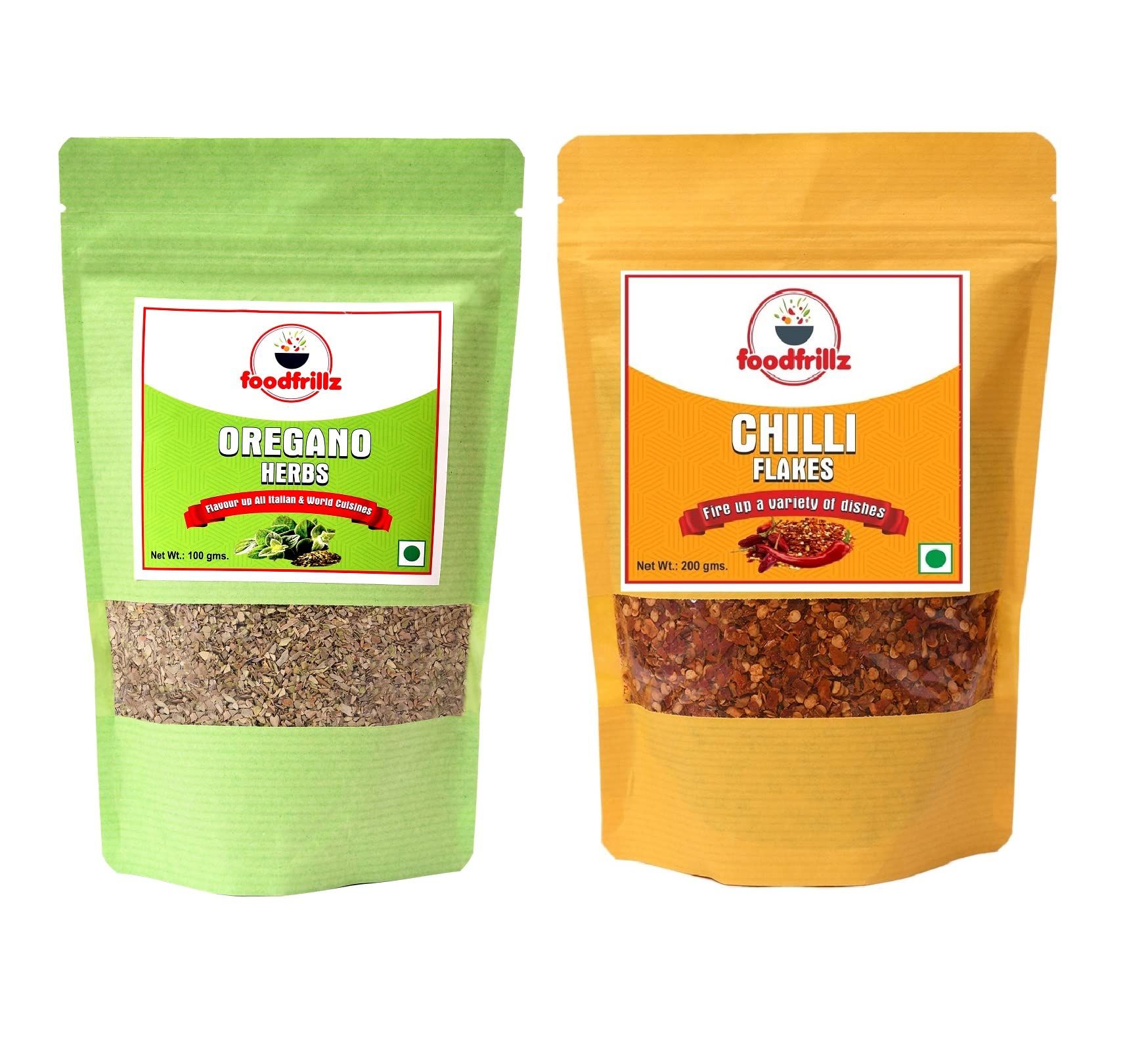 foodfrillz Oregano Herb (100 g) & Red Chilli Flakes (200 g) Combo Pack of 2