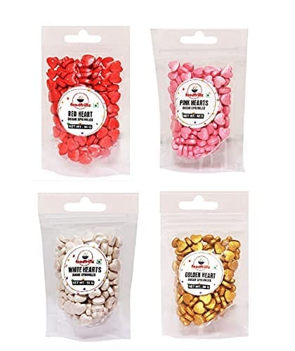 foodfrillz Heart Sprinkles (50 g x 4) - Red, Pink, White & Golden Metallic finish Sprinkles for cake decoration