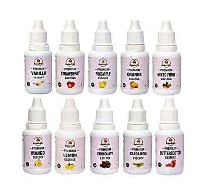 Bakefrillz Food Flavour Essence (20 ml x 10) - Vanilla, Butterscotch, Strawberry, Pineapple, Orange, Mango, Lemon, Chocolate, Mix Fruit & Cardamom for cakes, ice creams, puddings, desserts