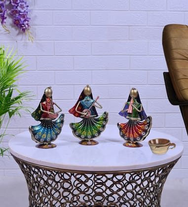 Handmade Table Decor Multicolor Iron Tribal Musician Doll Statue Figurine (SET OF 3)