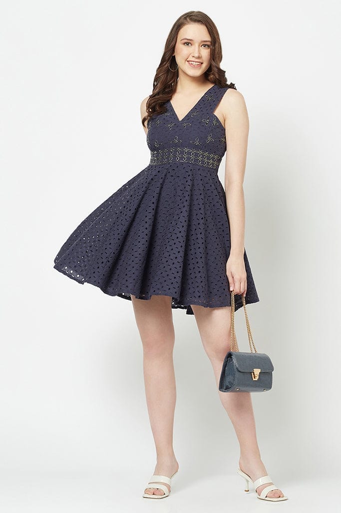 Navy Blue Schiffli Dress