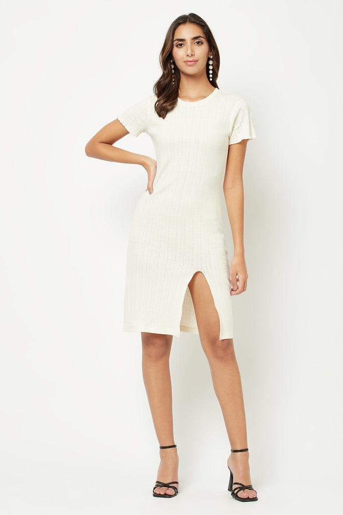 Textured Ivory Slit Dress