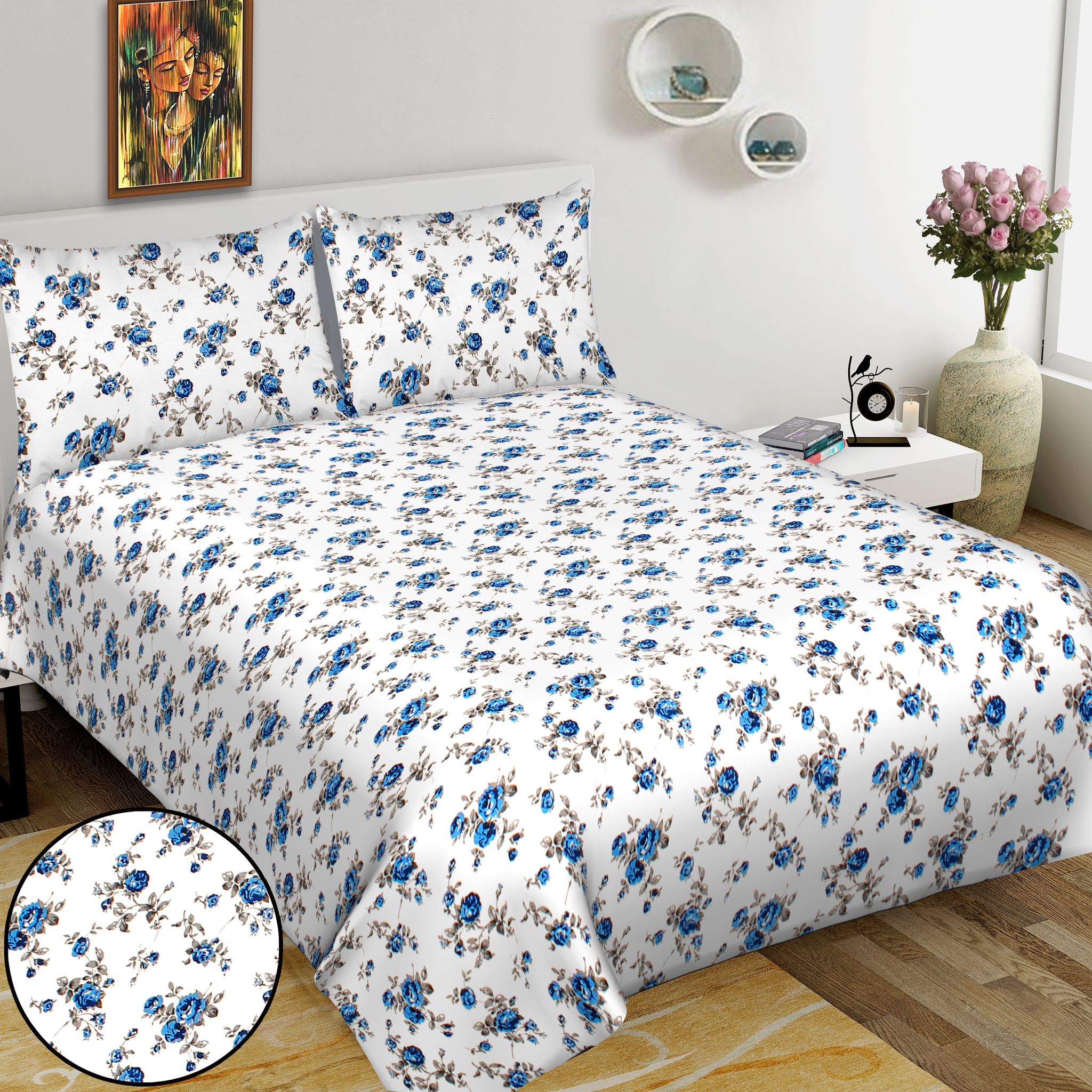 Super King (100x108 inches) Cotton Double Bedsheet with 2 Pillow Covers-(SKDB-Rosy)