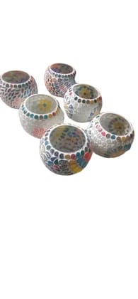 Set of 6 Mosaic Glass Tealight Candle Holders for Diwali and Christmas Home Decor and Gifting.