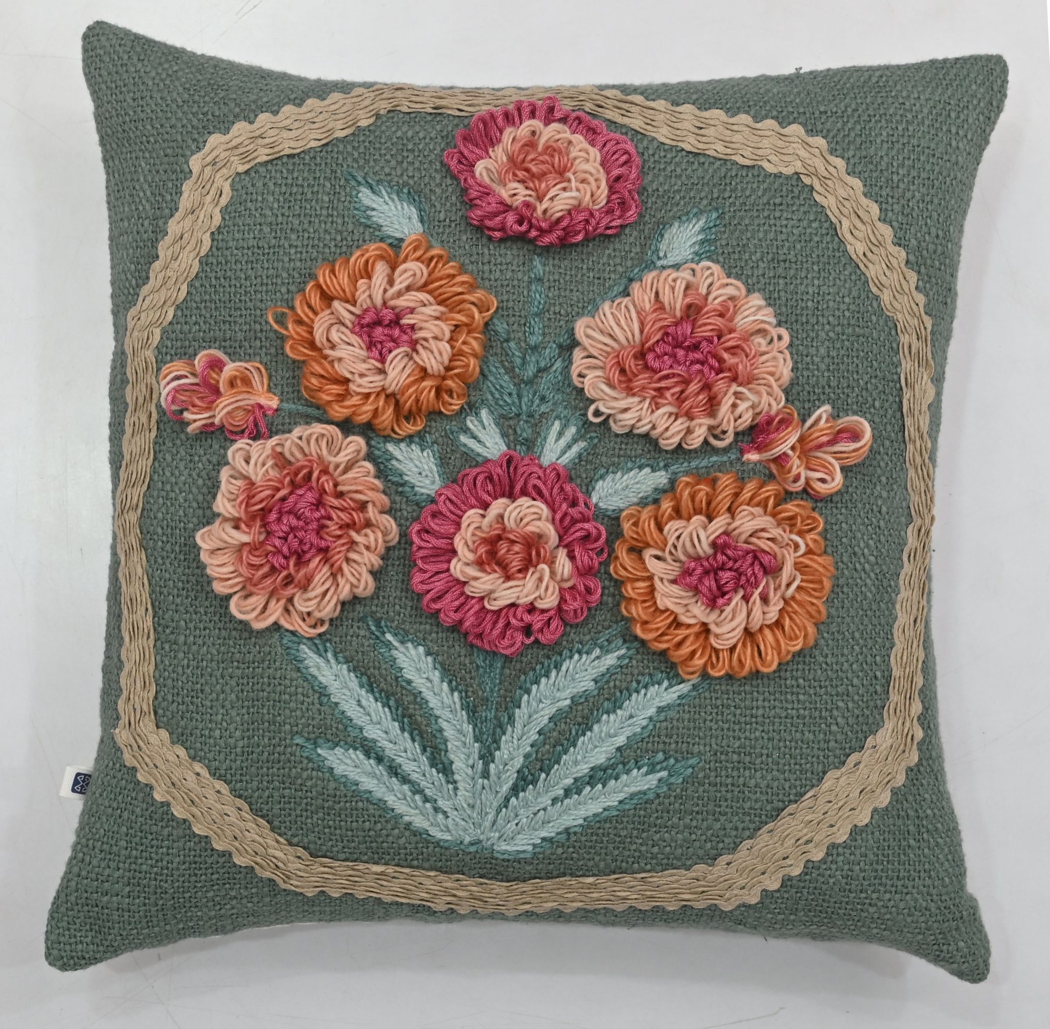 Bouquet of Flowers Embroidery Handloom Cotton Teal Green Cushion Cover Size 16” X 16”