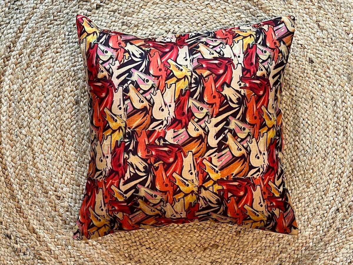 Abstract Horse Design Printed Khadi Silk Multicolour Cushion Cover - 16''x16'' Size