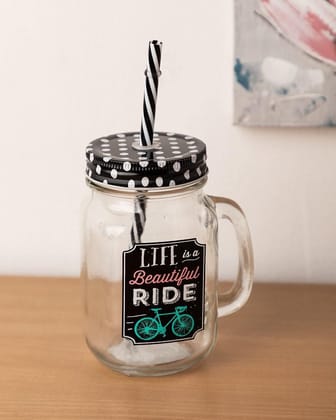 Mason Jar, with Straw & Lid, Black, Glass, 450 mL