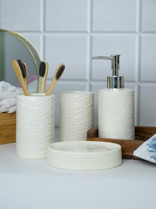 White Ceramic Bathroom Set - Matte, Geometric Pattern