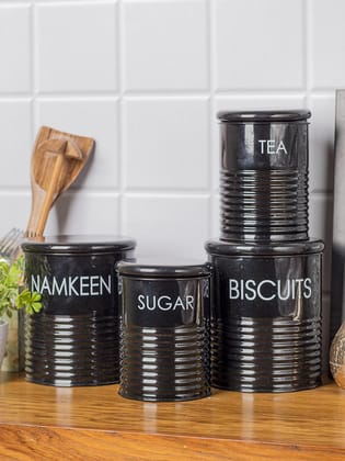 Tea & Sugar Jar (Each 900 Ml) +  Biscuits & Namkeen Jar (Each 1700 Ml) - Black, Set Of 4