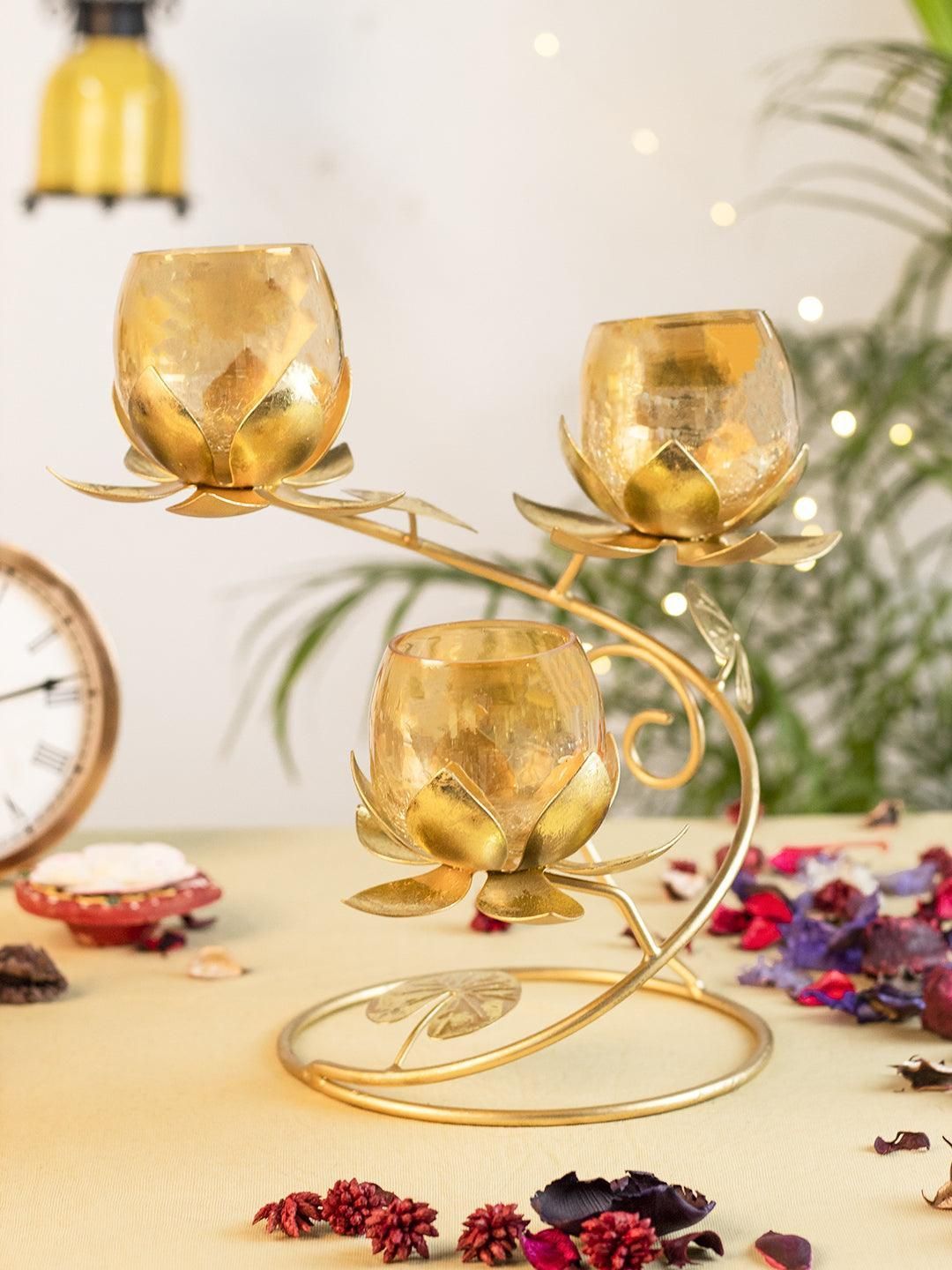 Gold 3In1 Glass Flower Tea Light Candle Holder