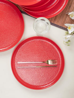 Market99 Hammered Melamine Tableware Red Glossy Finish Full Plates for Dining Table (Set Of 6, Red)