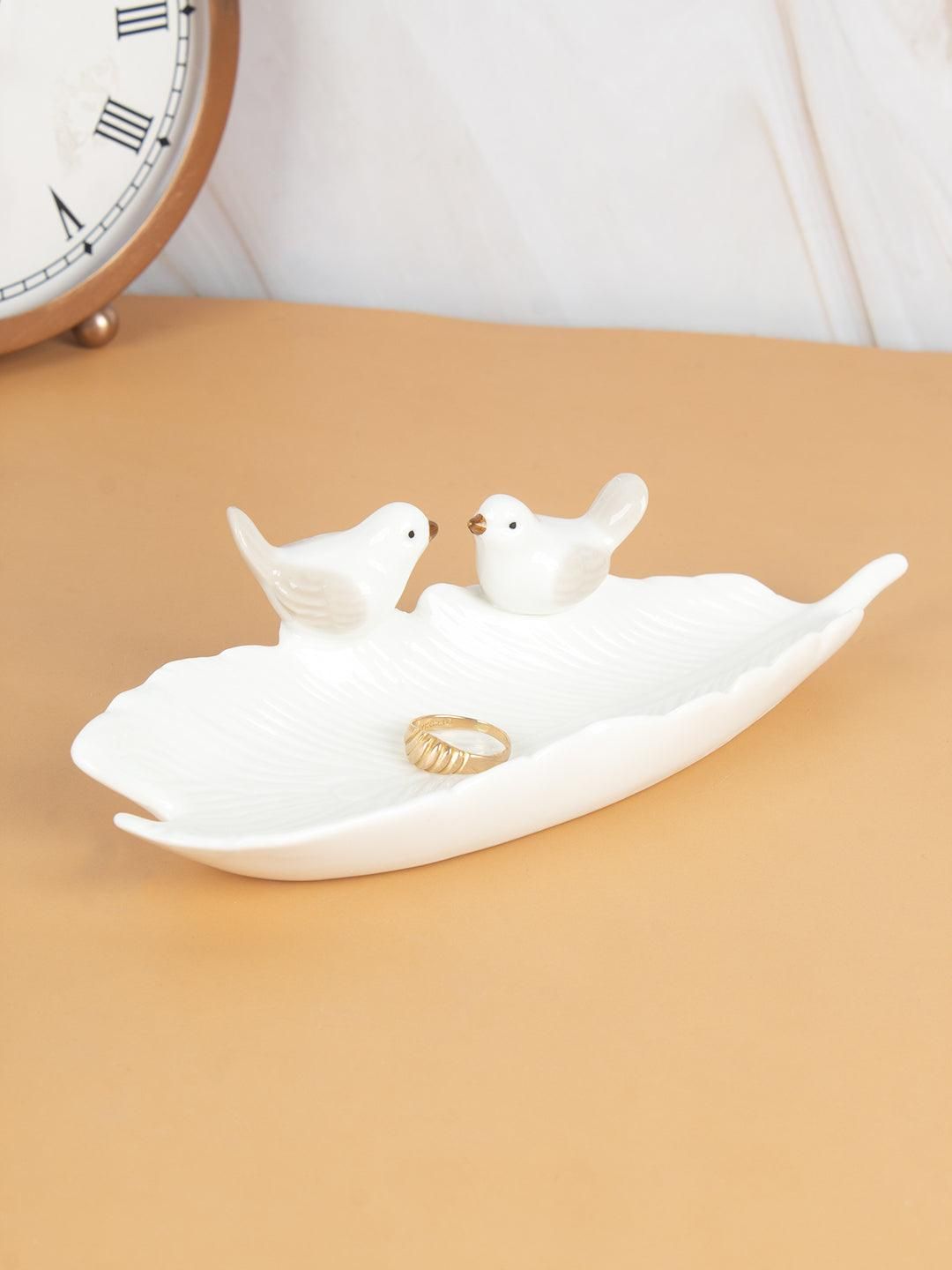 Jewellery Holder Tray, Crafted Bird, for Dressing Table, Ring Dash, Triangle, White, Ceramic,