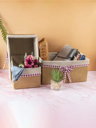 Fabric Basket, for Home Storage, Gingham Print Ribbon, Natural Colour, Paper &Fabric, Set of 3