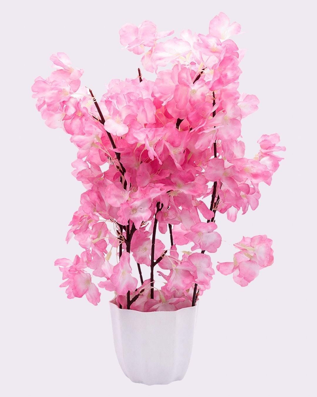 Artificial Flower Plant with White Pot, Blossom Flower, Pink, Plastic Plant