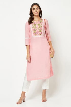 Pink Yoke Embroidered Kurta+