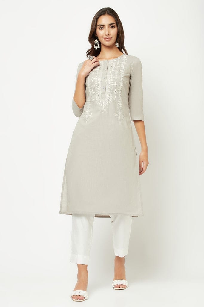 Grey Yoke Embroidered Kurta