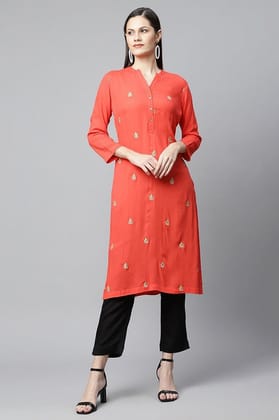 Red Emb Straight Kurta+