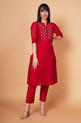 Rosy Wine Yoke Embroidered Chanderi Kurta Set