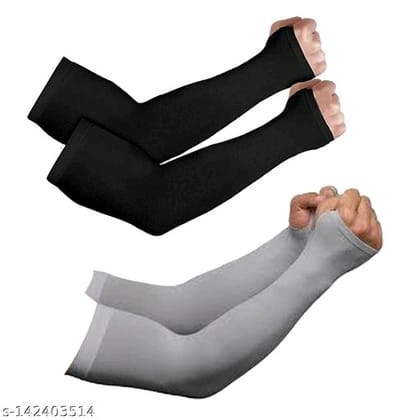  Unisex Cotton Cooling Sun Protection UV Protection Arm Sleeves for Men & Women (Black & Grey)