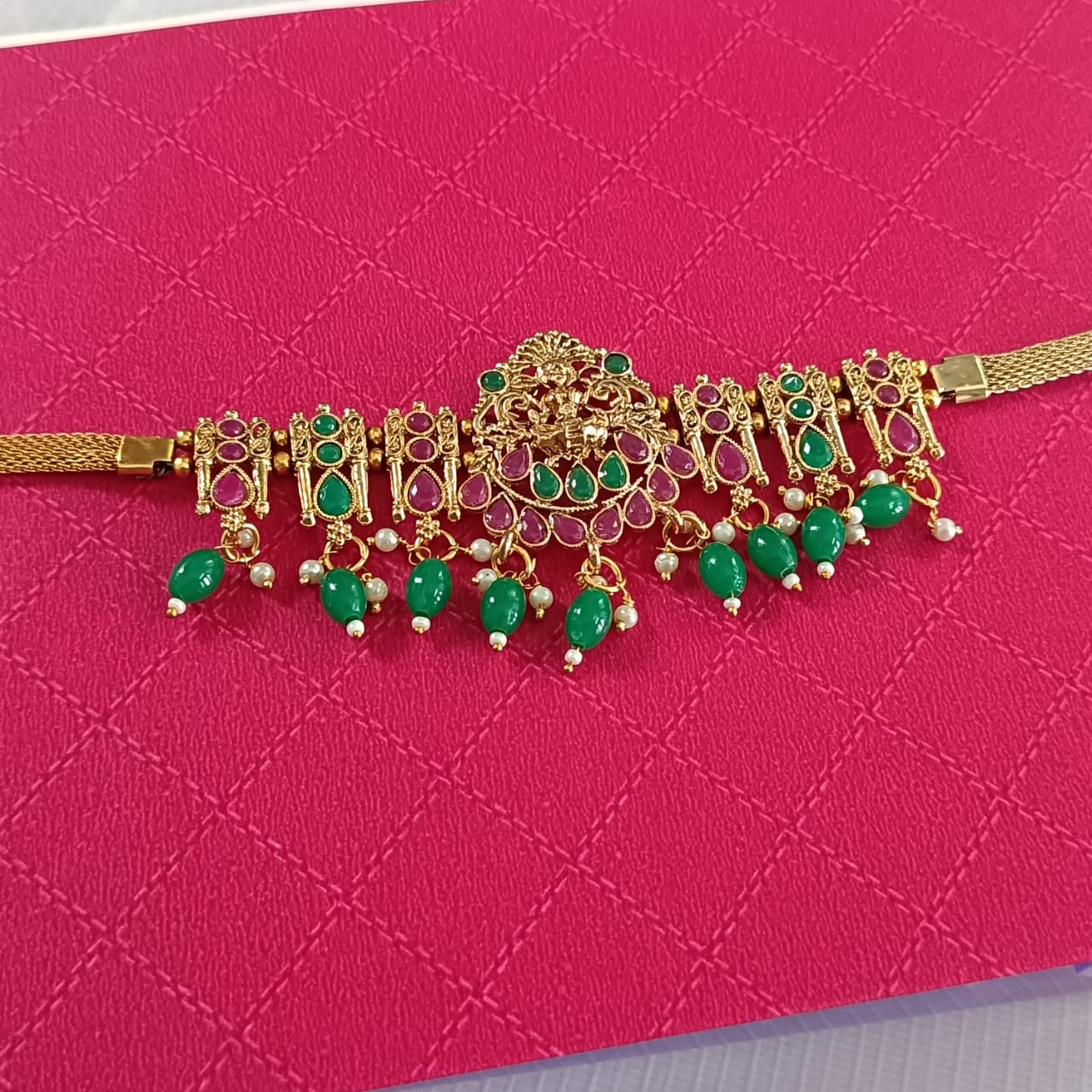  Gold-plated traditional Indian waist belt kamarband with green and pink stones