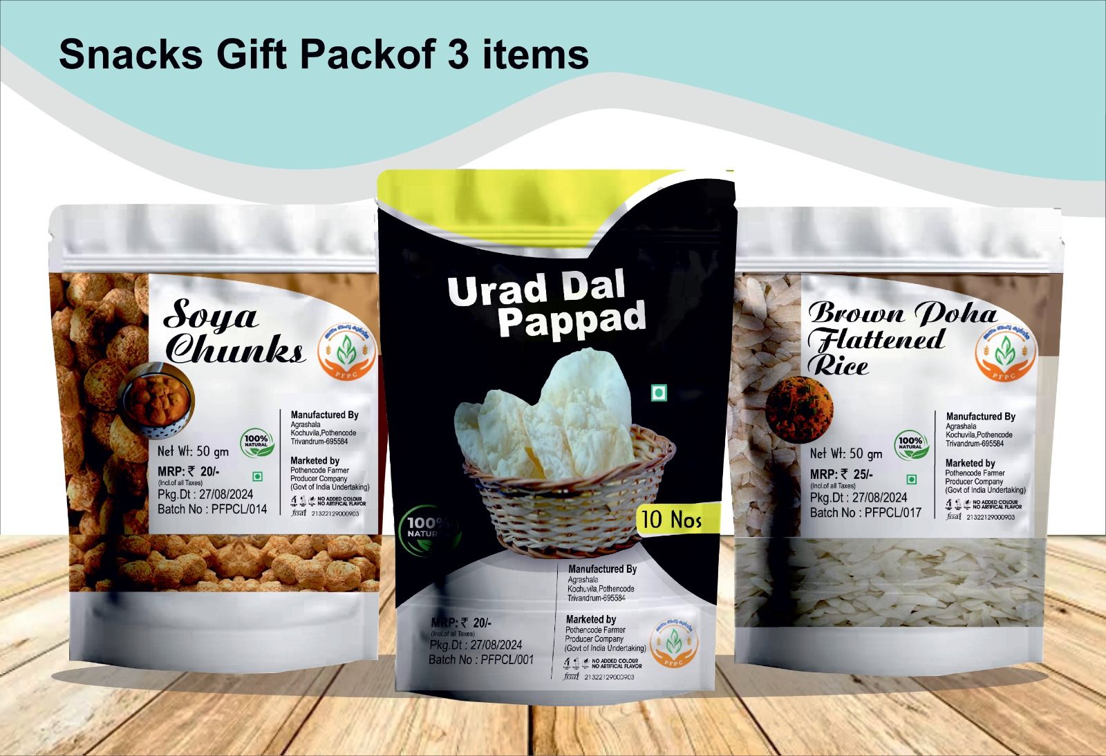 Snacks Gift Pack of 4 items ( Soya Chunks, Urad dal Pappad, Brown Doha Flattened Rice)