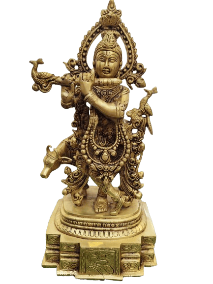  Dancing Lord Krishna Brass Statue Playing Flute with Birds and Cow