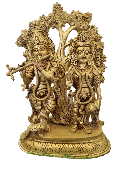  "Divine Brass Statue of Radha Krishna Playing Flute Under Tree"