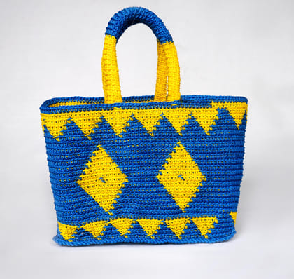  Handmade Blue and Yellow Crochet Tote Bag