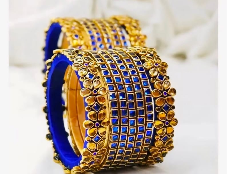 Handmade Gold Plated Kundan Stone Blue Lac Bangles (Set of 6)